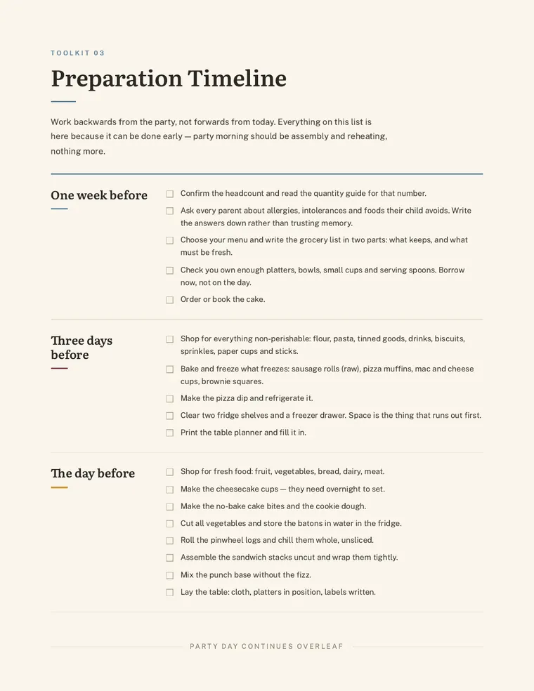 Preparation timeline starting one week before
