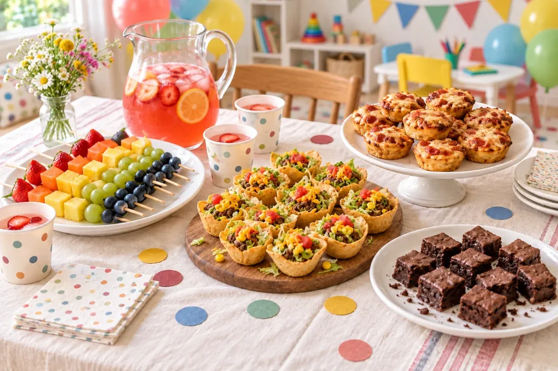 A kids’ party table with rainbow fruit skewers, mini pizza muffins, taco cups, brownie squares and strawberry punch