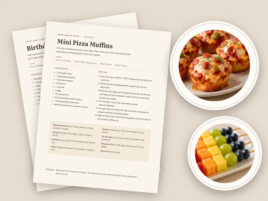 Printed recipe pages beside plates of pizza muffins and fruit skewers